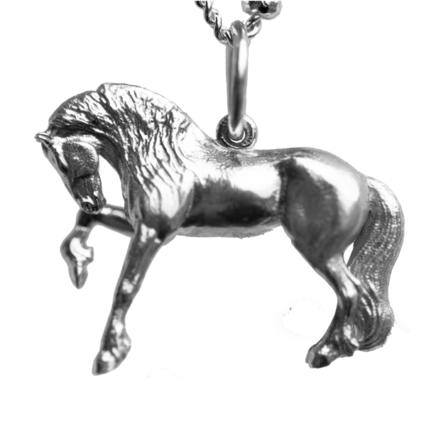 The Friesian Horse Pendant is a silver pendant in the shape of a horse, hanging from a silver chain. The FRIESIAN horse is depicted mid-stride with intricate details, including a flowing mane and tail. The chain features small, rounded beads spaced along its length. Ideal as a special equestrian gift for women, equestrians, horses and Friesian horses lovers.