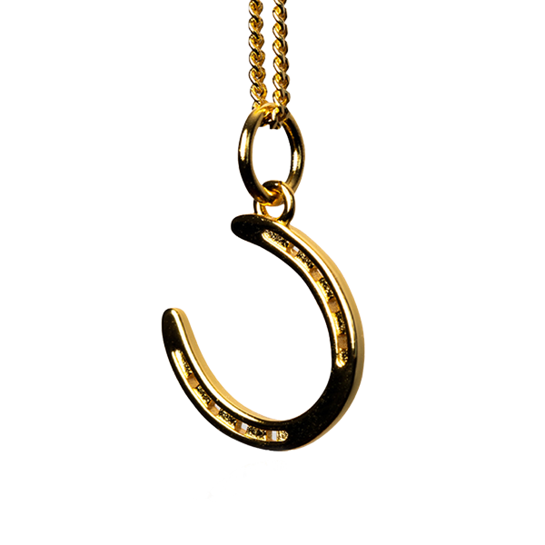 A stylish gold necklace with a charming horseshoe pendant, embodying luck and refined beauty. The necklace chain is also gold and has a series of small, rounded beads interspersed along its length. This horse shoe necklace is the perfect equestrian themed gift and as a good luck charm, horse lovers.