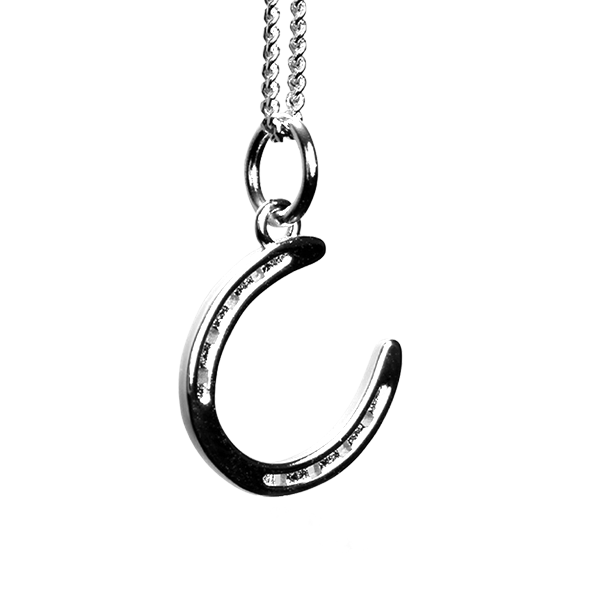 A silver necklace featuring a delicate horseshoe charm, symbolizing luck and elegance in a stylish design.
The necklace chain is also silver and has a series of small, rounded beads interspersed along its length with a heart at the end of the chain with engraved initials of WHC: Wild Horse Club. This horse shoe necklace is the perfect equestrian themed gift and as a good luck charm, horse lovers, silver girls.