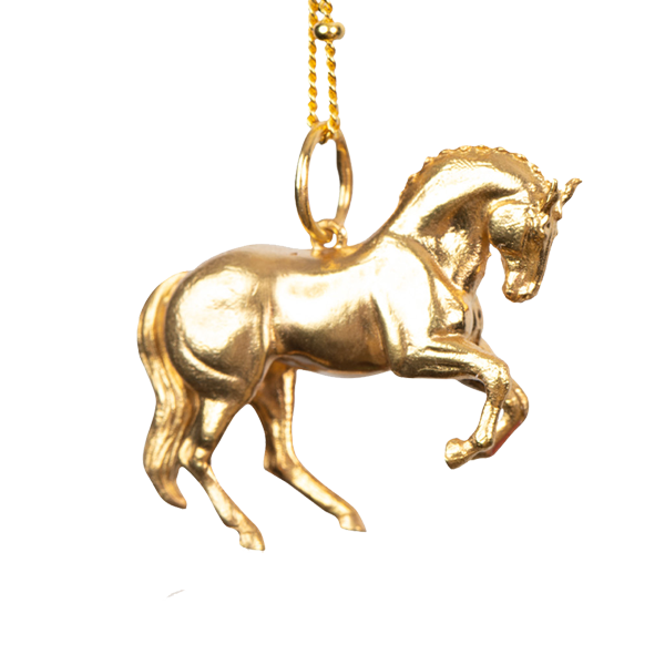 An exquisite gold horse pendant on a slender chain, emphasizing its detailed artistry and elegant appearance.
The pendant is shaped like a  wild horse in mid-stride, with detailed features such as its mane and tail. The necklace chain is also gold and has a series of small, rounded beads interspersed along its length. Perfect for horse lovers, fans of equestrian inspired jewelry, horseback riders,  gold horse jewelry.