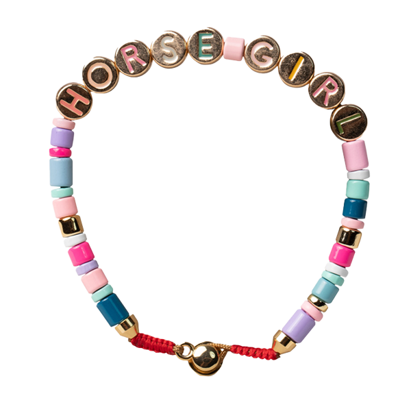 Our bracelet is much like the friendship bands BFF, with colored beads and a gold chain  with the engraved initials of WHC: Wild Horse Club. A colorful Rainbow Horse Girl Candy bracelet, showcasing a unique and fun design, text: Horse Girl.  An eclectic jewelry great for horse lover gifting, equestrian gifts for women,  cool equestrian gifts,  gold jewelry girls.