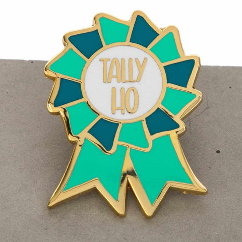 Enamel green  and gold pin featuring Tally Ho.  Text on pin reads: TALLY HO. Perfect for horse girls, horse riders, show jumping, horseback riders, horse lovers, cowgirls and more. This pin design  is a cool equestrian gifts.