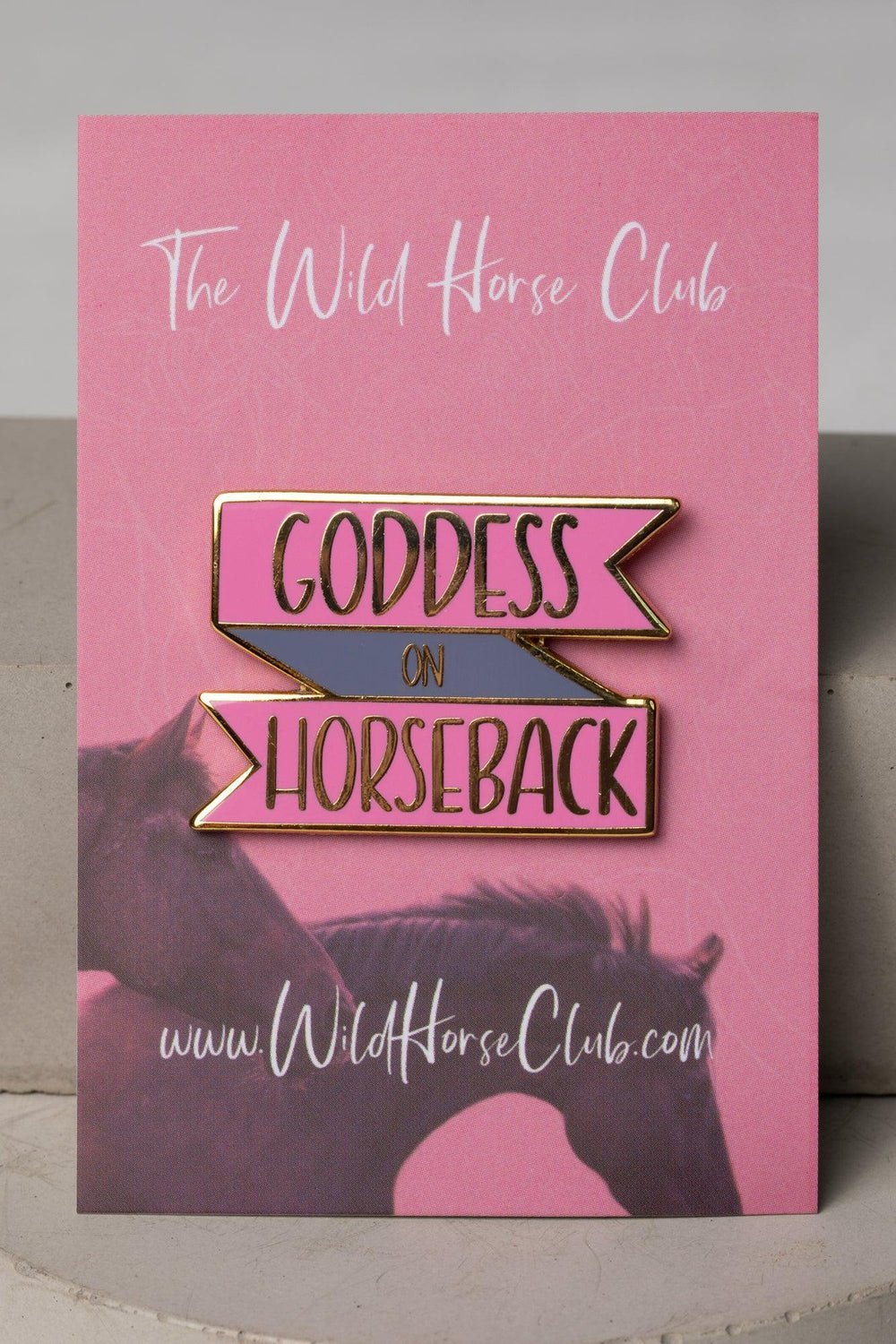 Enamel pin featuring two horses on a pink card. An enamel pin in pink and touch of  purple, inscribed with Goddess on Horsesback.  perfect for horse lovers, collectors, horse girls, horse riders, show jumping, horseback riders and more. This pin design  is a cool equestrian gifts. A piece that encourages and empowers our women in the equestrian life.Our pin design is a cool equestrian gifts, for young horse riders  and  Pink lovers.