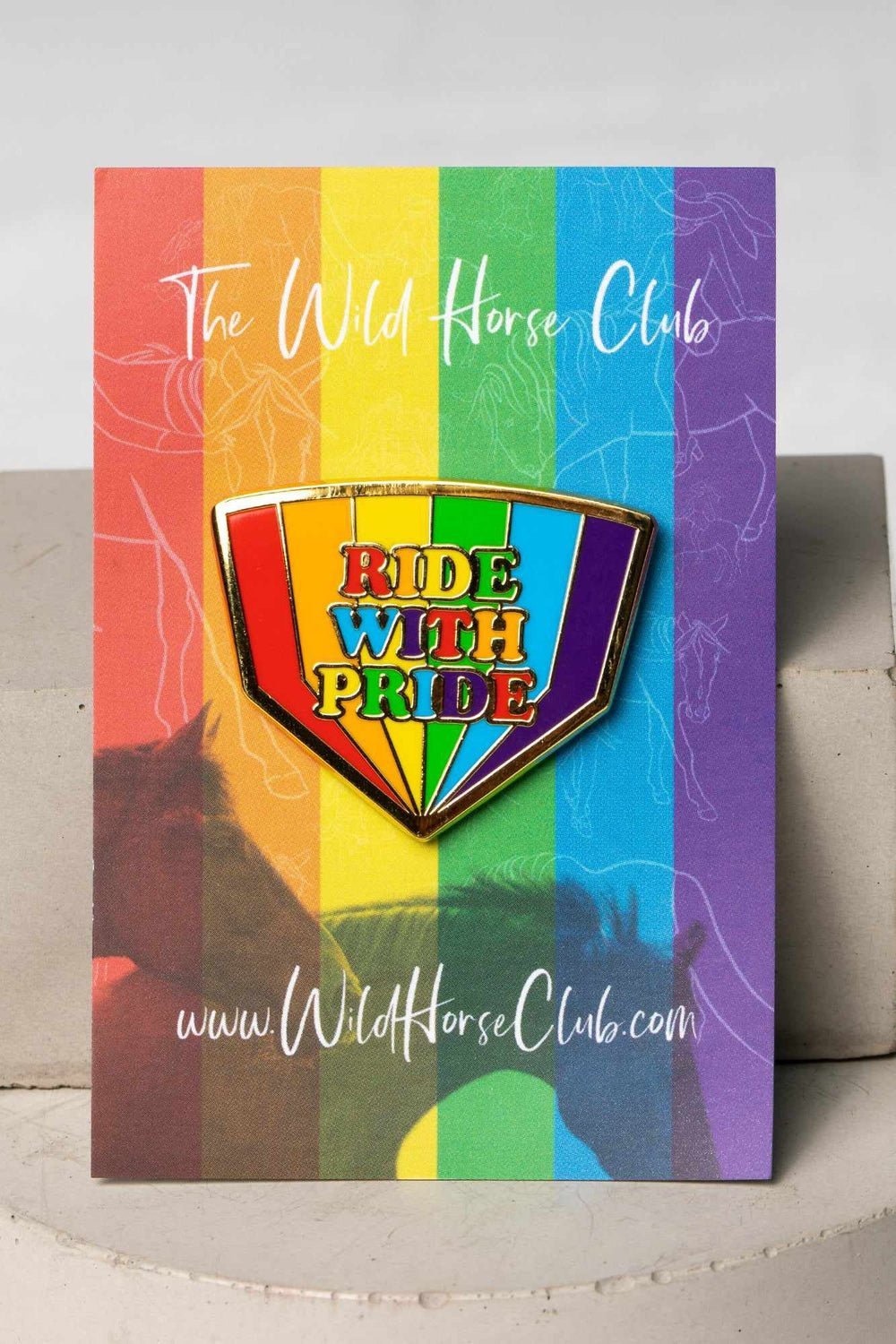 Colorful enamel pin that reads Ride with Pride, showcasing a message of pride and support for the LGBTQ+ movement. Not only in the LGBTQ+ community also in the horse lovers and equestrian life fans. Perfect for any horse riders, show jumping, horseback riders and more. This wild horse colorful pin design is unique horse gifts and horse gift ideas.